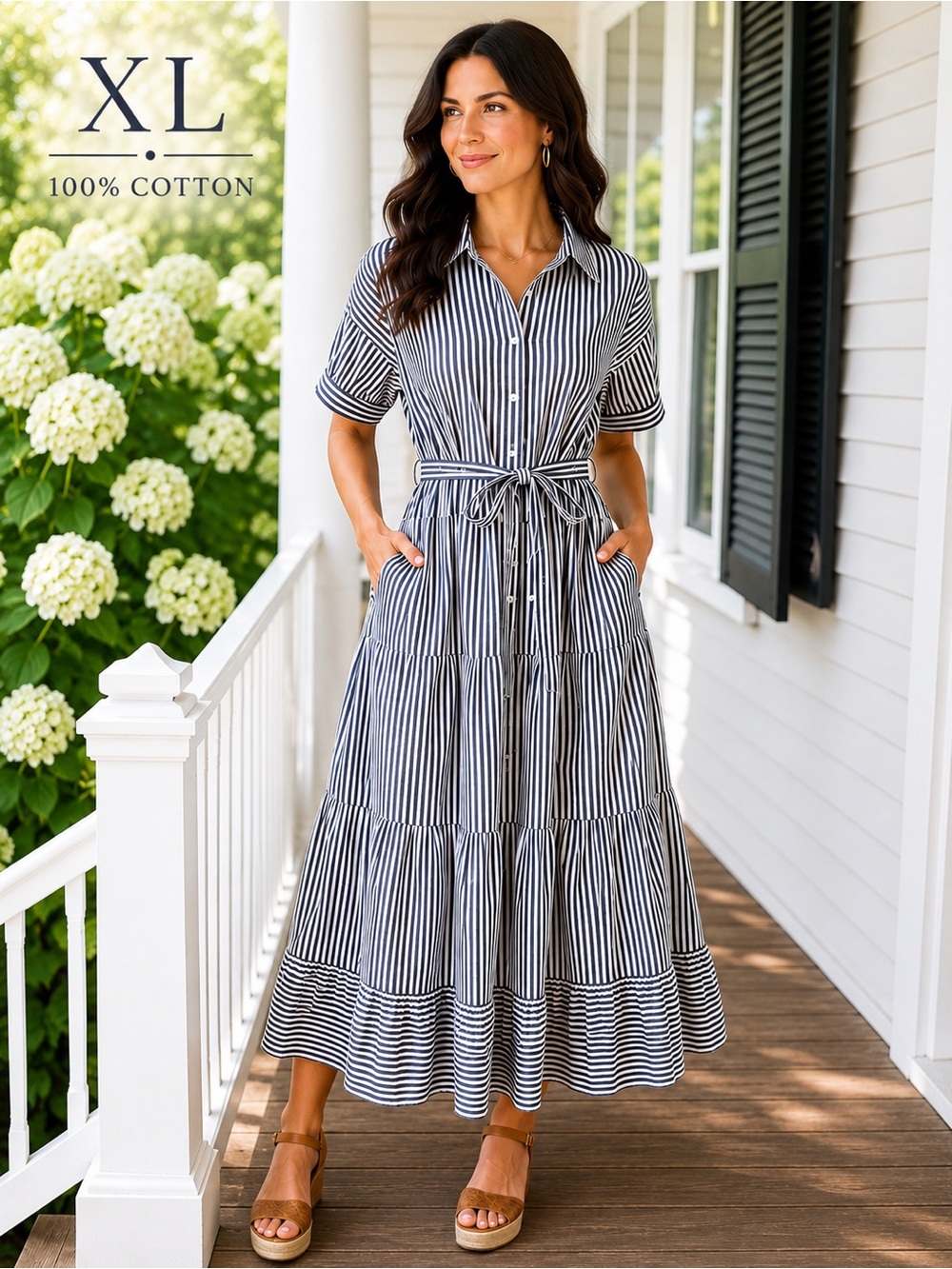 XL 100% Cotton Stripe Shirt Dress Belted Pockets Tiered Midi Maxi
